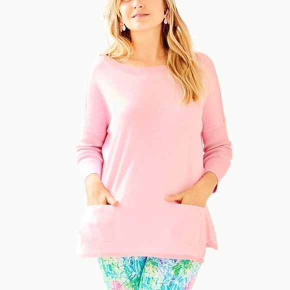 Lilly Pulitzer | Cobo Heather Pink Boatneck Oversized Lightweight Sweater - Picture 1 of 11
